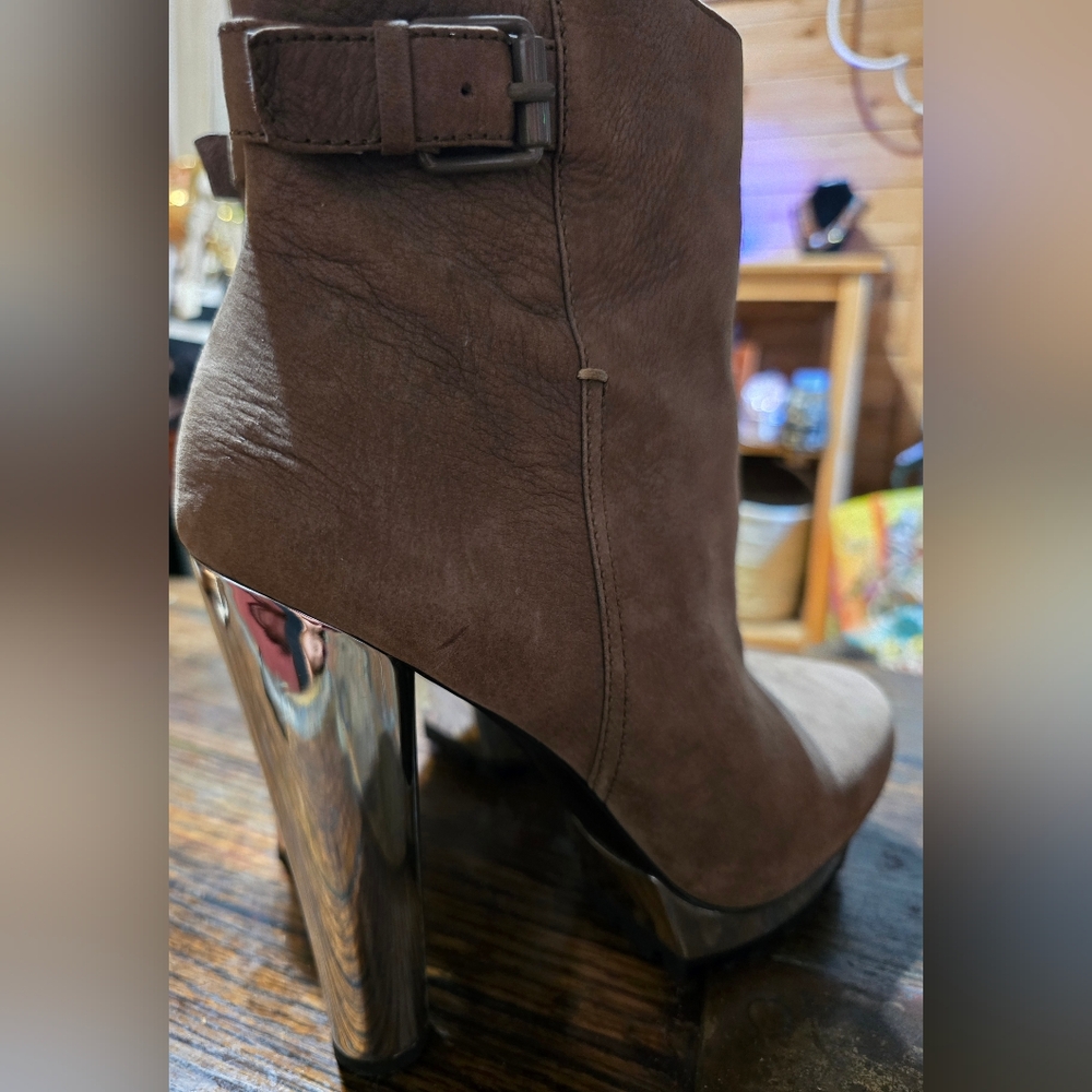 Women's Brown Suede Ankle Boot with Chrome Heel